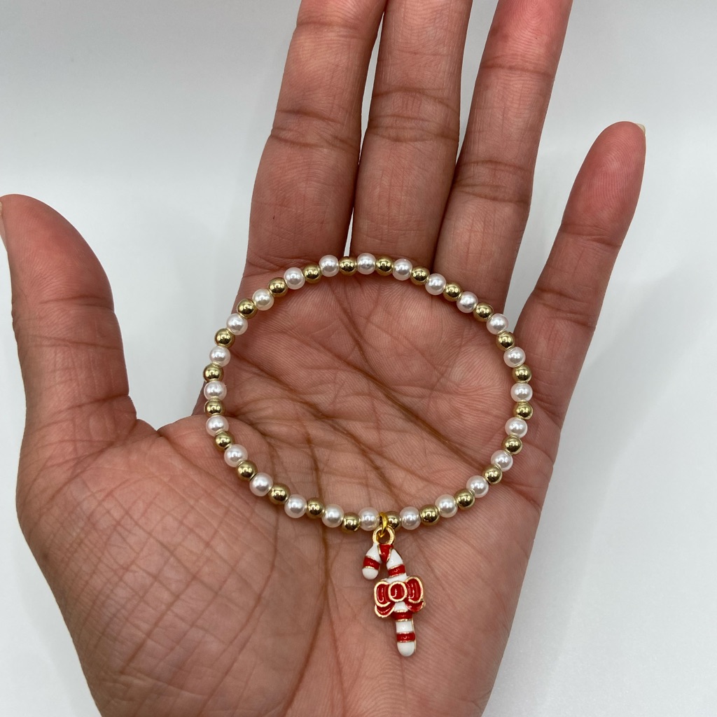Christmas Holiday Stretch Bracelet W/ Candy-Cane Gold Charm